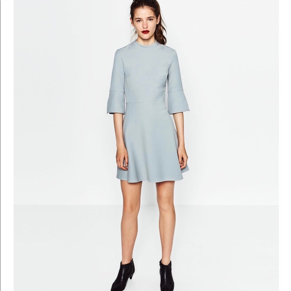 Zara Mini Flared Blue Grey 3/4 Sleeve Dress XS